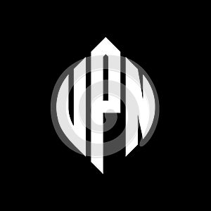 UPN circle letter logo design with circle and ellipse shape. UPN ellipse letters with typographic style. The three initials form a