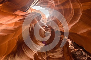 Upper Antelope Canyon. Natural rock formation in beautiful colors. Beautiful wide angle view of amazing sandstone formations. Near