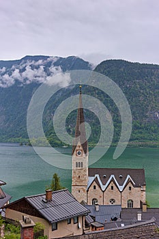 Upper Austria, Hallstatt. A city on the shores of Lake Hallstatt with an evangelical parish church in the center.