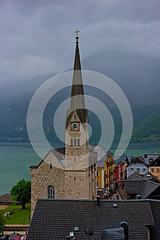 Upper Austria, Hallstatt. A city on the shores of Lake Hallstatt with an evangelical parish church in the center