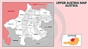 Upper Austria Map. State and district map of Upper Austria. Administrative map of Upper Austria with district and capital in white