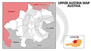 Upper Austria Map. State and district map of Upper Austria. Political map of Upper Austria with outline and black and white design