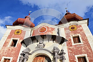 Upper baroque church on calvary in Banska stiavnica, Slovakia, during winter season 2018