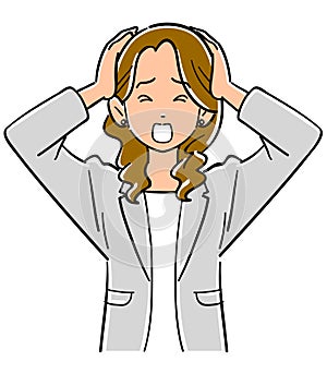 The upper body of a business woman wearing a gray jacket holding her head