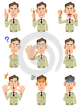 Upper body of an elderly man wearing work clothes 9 types of facial expressions and gestures set 1