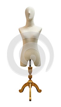 Upper body female mannequin unclothed on wooden tripod isolated on white background with clipping path