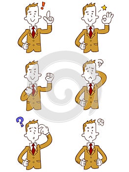 Upper body of a male student wearing a beige blazer 6 types of gestures and poses