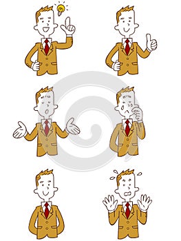 Upper body of a male student wearing a beige blazer 6 types of gestures and poses