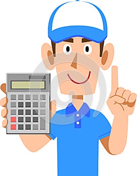 Upper body of a man wearing a polo shirt and hat holding a calculator and pointing his index finger