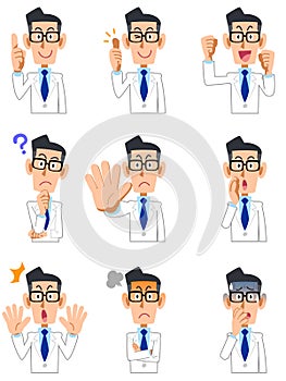 The upper body of a man in a white coat is illustrated in 9 different poses