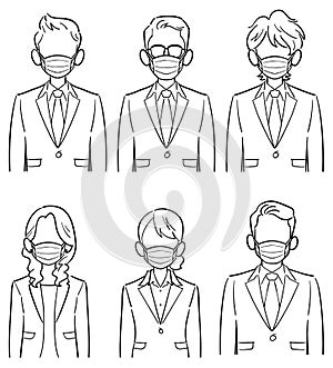 Upper body of a six-person anonymous business team wearing masks