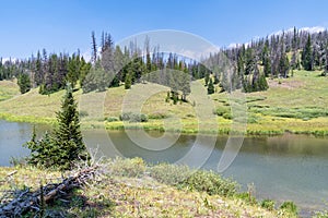 Upper Brooks Lake in Wyoming, in the Shoshone National Forest on a hazy summer day