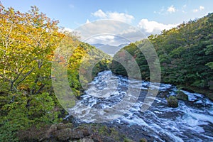 The upper cascade of Ryuzu Falls,Nikko,Tochigi Prefecture,Japan.With early fall colors.