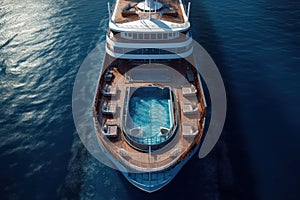 The upper deck of a luxury ocean cruise ship drifting in the sea. Swimming pool and jacuzzi, sun loungers, pool bar