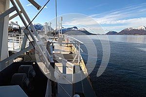 Upper deck of a tanker in the fiord.