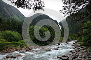 Upper fall of the Krimmler Wasserfalle  in Krimml. Austria