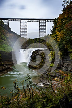 Upper Falls at Letchworth State Park - Waterfall and Railroad Bridge - New York