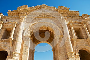 Upper fragment of the Arch of Hadrian in the ancient Roman city of Gerasa in Jerash, Jordan.