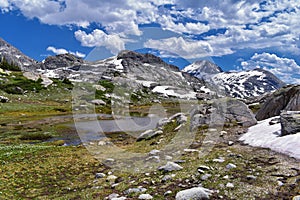 Upper and Lower Jean Lake in the Titcomb Basin along the Wind River Range, Rocky Mountains, Wyoming, views from backpacking hiking