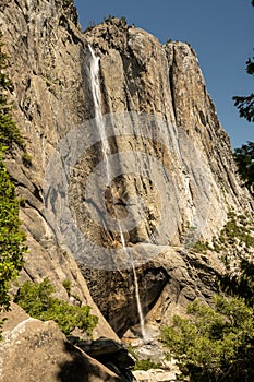 Upper and Lower Yosemite Falls Along Cliff Face