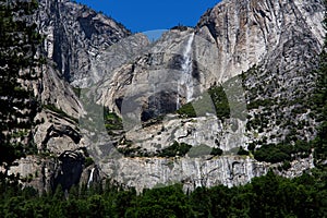 Upper And Lower Yosemite Falls With Blue Sky California