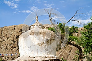 The upper part of the ancient stupa chorten in the Buddhist monastery of Alchi in Ladakh on the Tibetan plateau