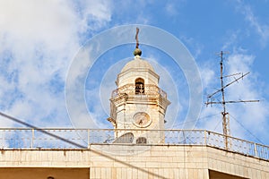 The upper  part of the bell tower of the  St. Marys Syriac Orthodox Church on Nativity Street in Bethlehem in the Palestinian