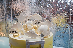 Upper part of birthday cake for 1 year old boy. Clouds, stars toppers with time, date, weight of baby. Teddy bear on top of the