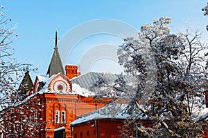 The upper part of the central bank building in a winter sunny day