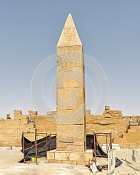 Upper part fragment and the pyramidion of the fallen Queen Hatsheput Obelisk near the Sacred Lake in the Karnak Temple complex.
