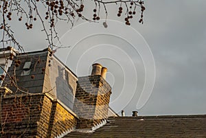 The upper part of the house. Roof, inspection windows, chimney