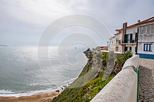 Upper part of the town of NazarÃ© and the Atlantic ocean in Portugal, copy space photo