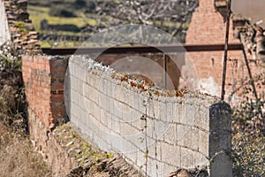 The upper part of a wall filled with pieces of broken glass of an abandoned house