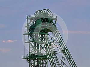 Upper part of a winding tower of a former coal mine on the Lower Rhine in Kamp-Lindfort.  The steel frame and the huge cable