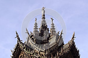 Upper part of wooden buddhist temple Sanctuary of Truth in Pattaya