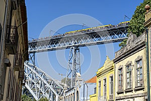upper platform of the D.Luis bridge between the city of Porto and Vila Nova de Gaia. View from below, group of people and train.