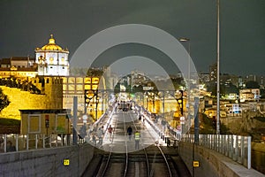 upper platform of the D.Luis bridge in night image between the city of Porto and Vila Nova de Gaia