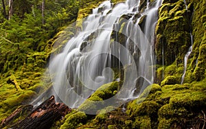 Upper Proxy Falls in Oregon with mossy rocks and logs