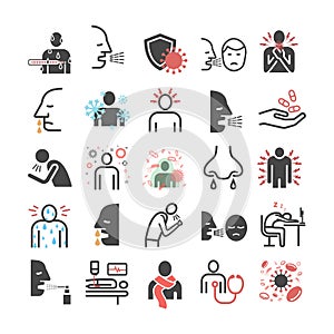Upper respiratory tract infections URI or URTI. Symptoms, Treatment. Line icons set. Vector signs for web graphics.