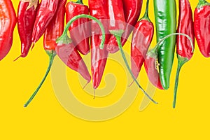 Upper row of colorful red green hot chili jalapeno peppers on yellow background. Food ingredients of Mexican Mexican cuisine