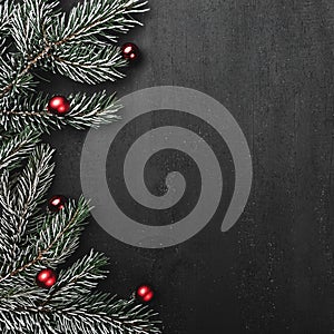 Upper, top, view from above, evergreen branches, tree globes on black square background, with space for text writing