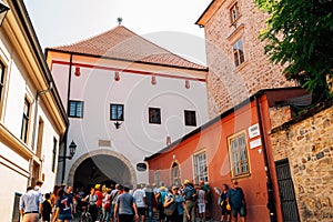 Upper town Stone gate and tourist people in Zagreb, Croatia