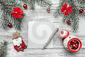 An upper view of a Christmas, new year letter, card writing, on a rustic background, with old style pencil.