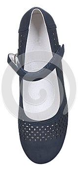 Upper view of dark blue and white perforated women suede shoe