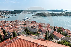 Upper view on old european marine town near sea bay