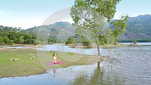 Upper view tree surrounded by lake hills and girl on grass