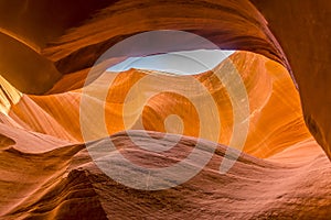 The upper walls of the slot canyon in lower Antelope Canyon, Page, Arizona