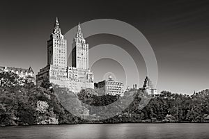 Upper West Side and Central Park Lake sunrise in Black & White. New York