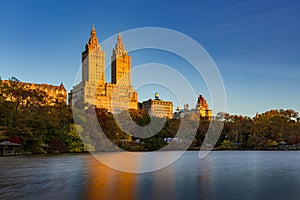 Upper West Side and Central Park Lake sunrise. New York