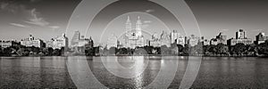 Upper West Side with view of the Central Park Reservoir in Black & White panoramic. Manhattan, New York City